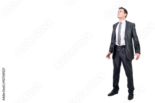 Honest man in formal suit. White background.