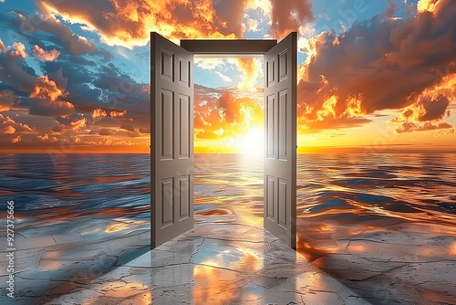 A door opens to a radiant sunset over the ocean symbolizing hope spirituality and the promise of a divine afterlife.