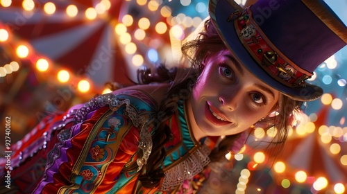 Energetic Circus Performer in Colorful Attire and Top Hat Amid Twinkling Lights Showcasing a Lively Atmosphere of Entertainment and Wonder