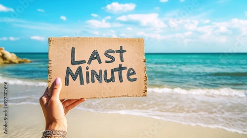 Hand Holding 'Last Minute' Sign with Beach Background for Travel Promotion