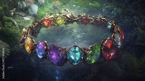 A jeweled circlet with colorful gems sits in a misty forest setting.