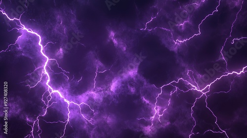 Intense purple lightning bolts illuminate a dark, stormy sky during a nighttime thunderstorm