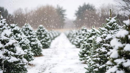 Snow-covered Christmas tree farm with rows of evergreen trees on a winter day