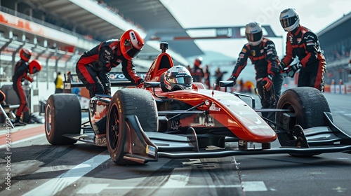 Red race car on a pit stop with crew members around it.