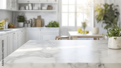 A bright kitchen with a large marble bench as the focus in the foreground and the background slightly blurred, light color palette, modern looking