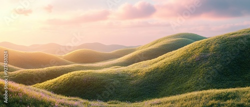 Stunning 3D scene of rolling hills with intricate vegetation and realistic lighting presenting a captivating and serene natural environment