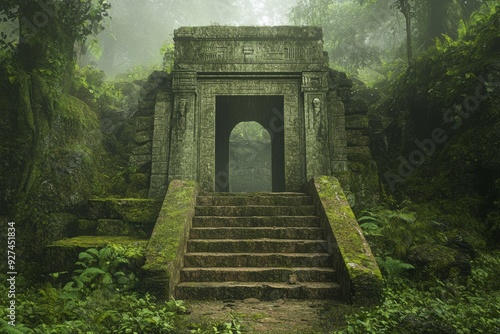 Ancient Stone Archway and Steps Leading Into a Misty Jungle.