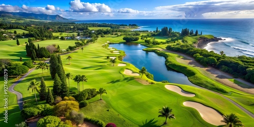 Aerial view of a beautiful golf course country club in Hawaii, Hawaii, golf course, country club, aerial view