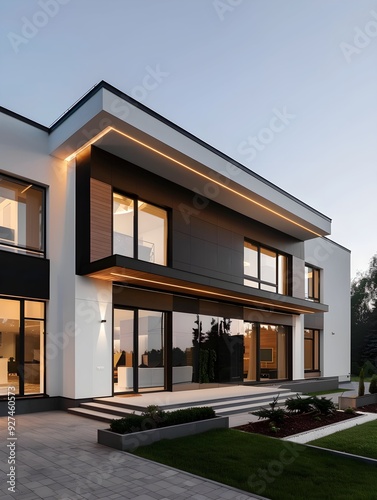 Modern home with minimalist design and luxury elements. Key architectural characteristics include: The house is designed in a modern style using straight lines. 