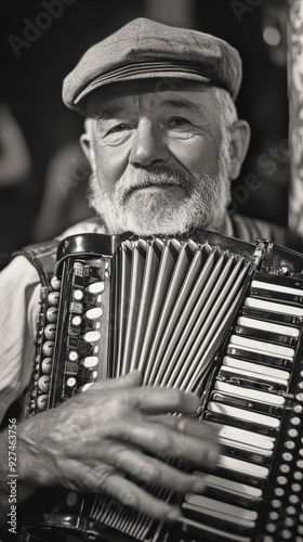 Closeup of an elderly man playing a black and white accordion.