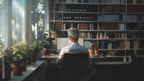 wideokonferencja, osoba, eleganckie wnętrze, profesjonalny strój, laptop, nowoczesne biurko, gustowny wystrój, obraz w ramie, rośliny doniczkowe, lampa podłogowa, naturalne światło, sztuczne oświetlen