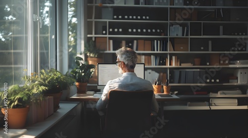 wideokonferencja, osoba, eleganckie wnętrze, profesjonalny strój, laptop, nowoczesne biurko, gustowny wystrój, obraz w ramie, rośliny doniczkowe, lampa podłogowa, naturalne światło, sztuczne oświetlen