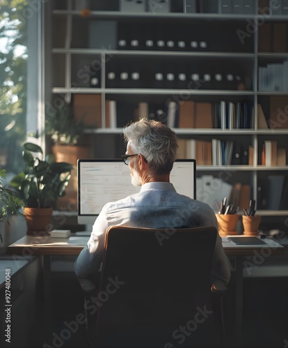 wideokonferencja, osoba, eleganckie wnętrze, profesjonalny strój, laptop, nowoczesne biurko, gustowny wystrój, obraz w ramie, rośliny doniczkowe, lampa podłogowa, naturalne światło, sztuczne oświetlen