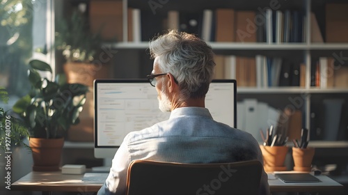 wideokonferencja, osoba, eleganckie wnętrze, profesjonalny strój, laptop, nowoczesne biurko, gustowny wystrój, obraz w ramie, rośliny doniczkowe, lampa podłogowa, naturalne światło, sztuczne oświetlen