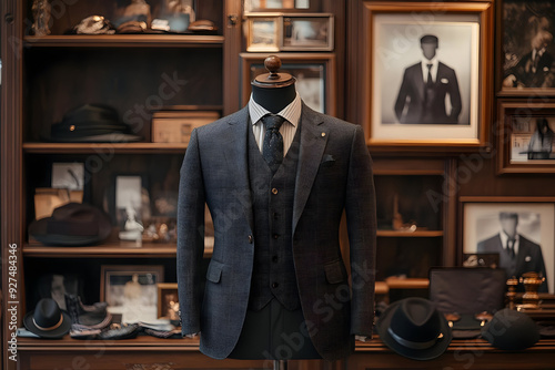 A classic tailored suit displayed elegantly, surrounded by vintage photographs and accessories, showcasing timeless fashion elegance.