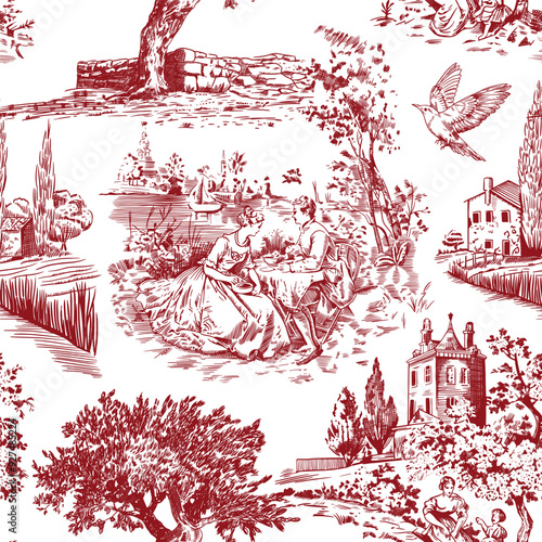 Abstract Victorian seamless pattern with hand drawn illustration with country life, couple villager in Toile de jouy style. Retro elegance blue Chinoiserie print. Vintage wallpaper for bedroom