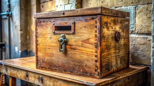 A worn, wooden suggestion box with a rusted lock and a faded label, collecting dusty, forgotten complaints in a neglected office corner.