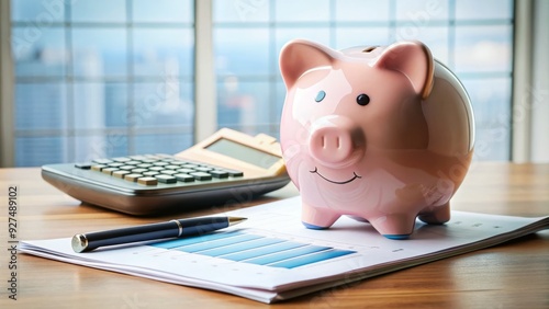 Calculator and piggy bank on a desk surrounded by financial papers, symbolizing strategic planning and savings for a successful Roth IRA conversion strategy.