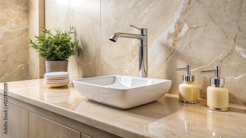 Clean modern bathroom sink with stainless steel faucet, white marble countertop, and elegant glass soap dispenser against a neutral beige background.