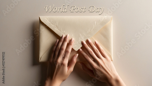 woman with elegant hands keeping letter envelope like a concept of international post, mail correspondence and World Post Day