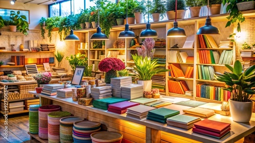 Cozy paper shop overflowing with colorful stationery, journals, and gifts, surrounded by natural textures and soft lighting, evoking a sense of creativity and inspiration.