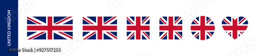 United Kingdom flag icon set. British or UK flag sign in round and square set. Flag of Great Britain or Union Jack in heart and circle