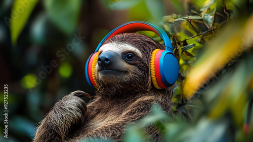 A sloth relaxing with colorful headphones in a lush green environment during the day