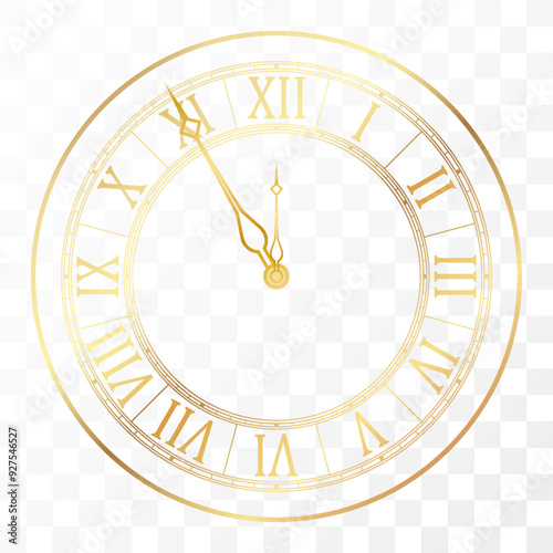 Golden elegant roman numerals clock. Antique time design. Luxury glossy golden clock face dial of round shape vector illustration isolated on white background