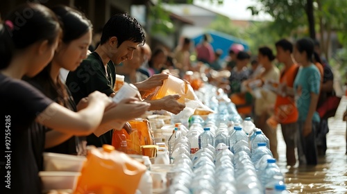 Compassionate Volunteers Providing Relief to Flood Victims at Emergency Shelter