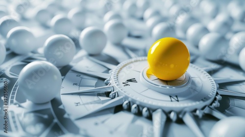 Yellow guiding sphere navigating a group of white spheres along a compass design, highlighting movement and direction