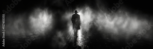 A shadowy figure in a trench coat and fedora walks into the mist on a dark, wet street. The noir-inspired image evokes mystery and suspense, with fog swirling and obscuring the scene.