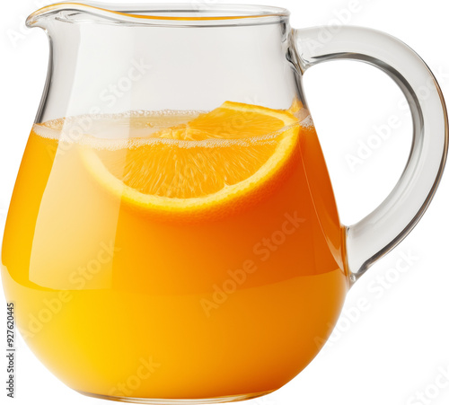 Freshly squeezed orange juice filled glass pitcher with a slice of orange garnish isolated on transparent background.