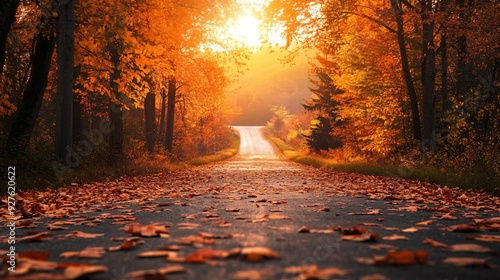 An autumn landscape featuring a long, winding road lined with trees in full fall color, with a thick carpet of leaves covering the road and the distant hills bathed in the golden light of sunset