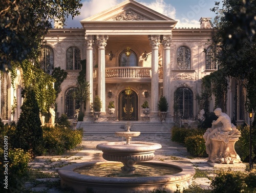 Elegant Stone Mansion with a Fountain in a Lush Garden Setting.