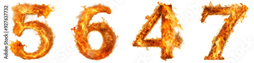 Fiery numbers 5, 6, 4, 7 ablaze with realistic flames on a transparent background for dynamic design and creative projects