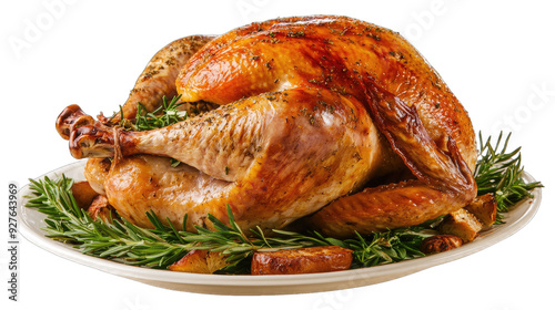 A roasted turkey served on a platter with herbs and vegetables. isolated on white background isolated on white background. transparent background