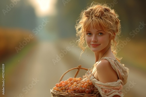 Young peasant woman with wicker basket of ripe grapes in scenic vineyard setting