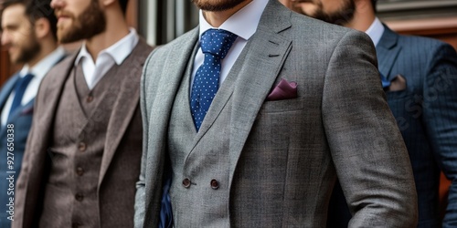 Stylishly dressed men in tailored suits at a formal event