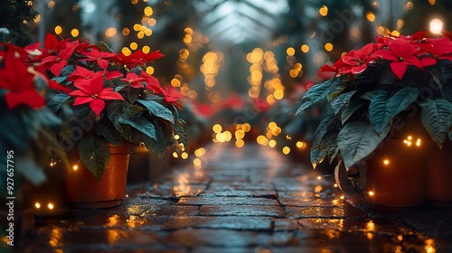 A festive botanical garden with holiday lights illuminating winter plants