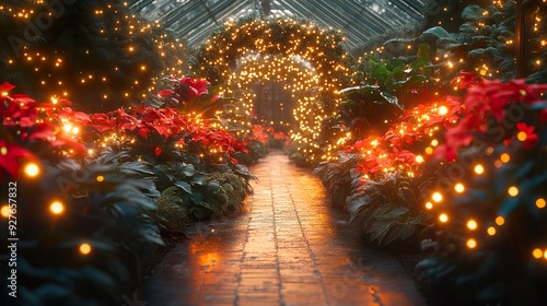 A festive botanical garden with holiday lights illuminating winter plants