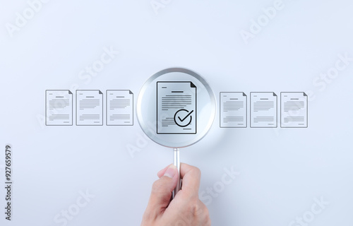 Document review process and quality control concept. Hand holding magnifying glass over a document icon with checklist, Document review and approval. Certificate management, Audit, Standardization,