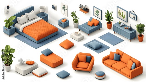 Modern interior furniture set in 3D isometric cartoon style featuring a bed, armchair, and sofa on a white background.