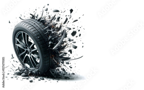 The car wheel exploded, car tire is broken.