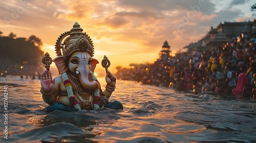 Vibrant and Colorful Scene of Devotees Immersing the Ganesha Statue into the River During the Lively Ganesh Chaturthi Hindu Festival in India