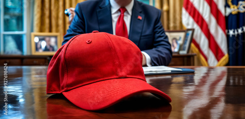 Red cap of an american republican presidential candidate lies on the desk in the Oval Office. The USA President sits at his desk in the White House with a red hat on the desk