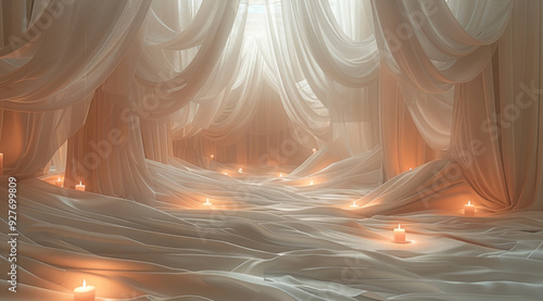 White silk fabric, multiple layers of gauze curtains, many candles on the ground and in the middle, floating above each other in an open space with large and small stairs made from white gauzy fabric.