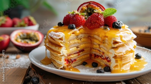 Passion fruit Crepe Cake in focus on wooden backdrop