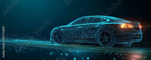 Futuristic illustration of a wireframe car with digital technology and innovation