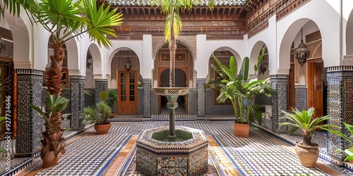 there is a fountain in a courtyard with potted plants