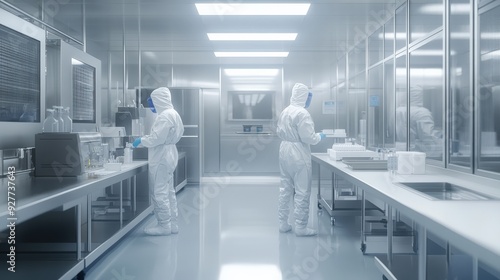 Laboratory specialists in cleanroom attire work on pharmaceutical processes within a sterile environment focused on research and manufacturing